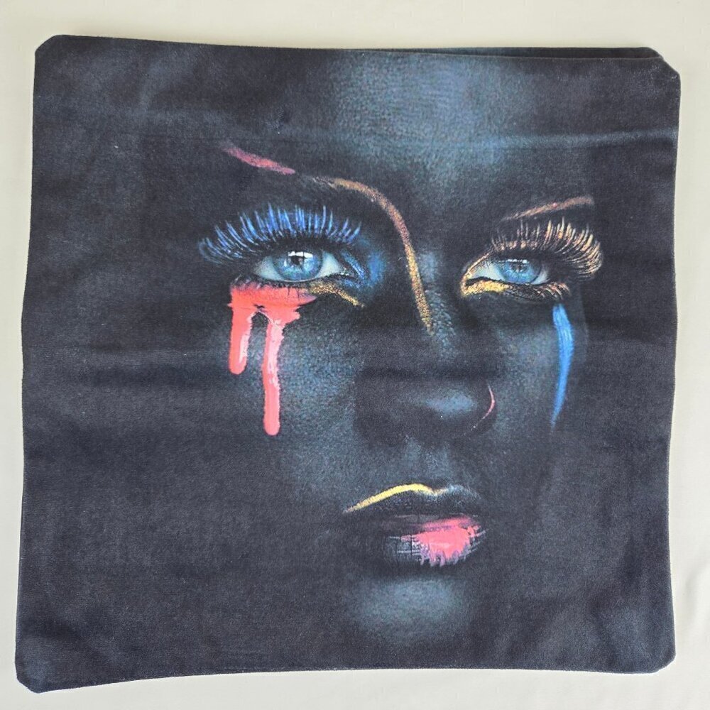 Set of 2 Black Throw Pillow Covers Woman With Pink Blue & Gold Accents Zip Back